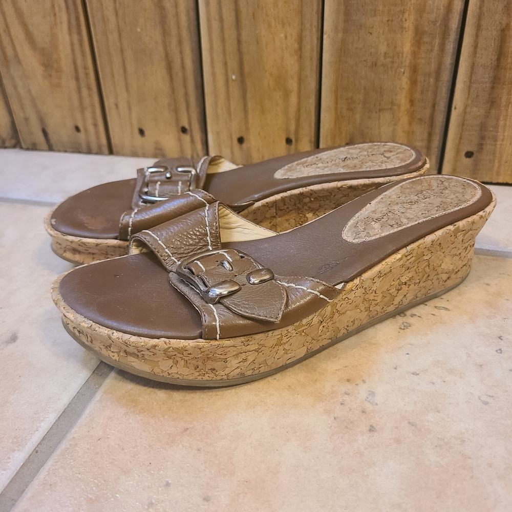 Antonio Melani Womens Brown Leather Platform Comfy Summer Slide Sandals Size 6.5
